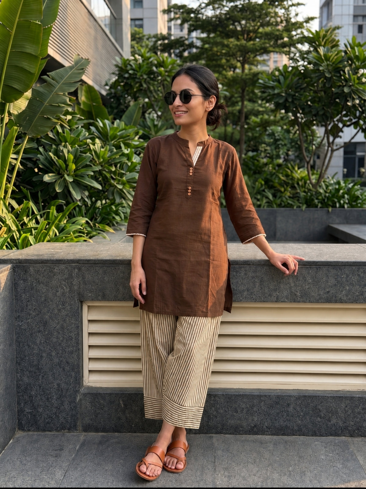 Aira Earthen Brown Cotton Slub Kurta Set with Pinstripe Salwar