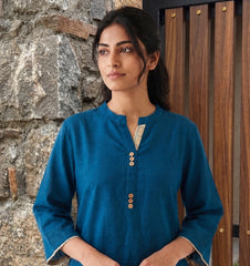Aira Cobalt Blue Cotton Slub Kurta Set with Gold Checked Salwar