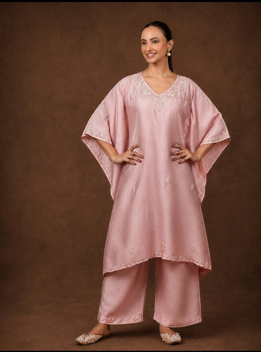 Premium Chanderi Silk Baby Pink Chikankari Kaftan Set