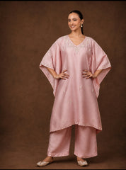 Premium Chanderi Silk Baby Pink Chikankari Kaftan Set