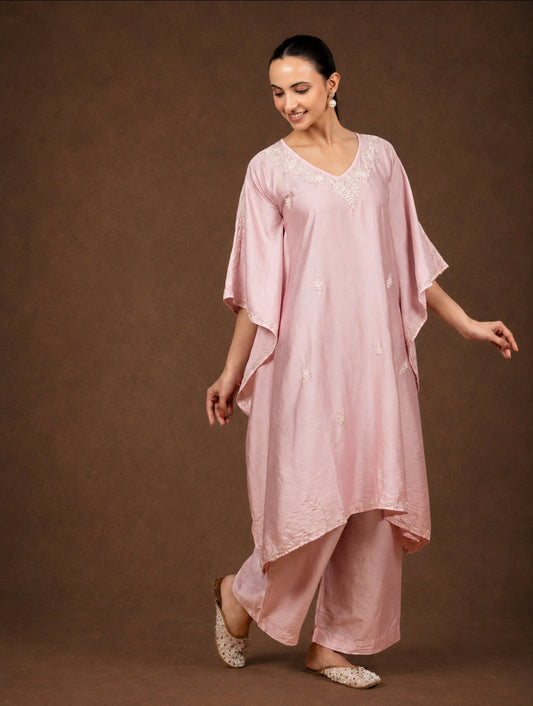 Premium Chanderi Silk Baby Pink Chikankari Kaftan Set