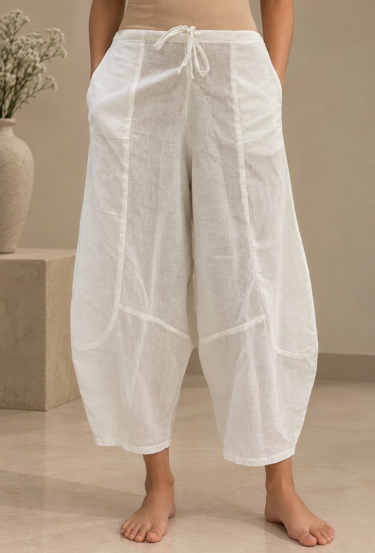 White Solid Barrel Pants