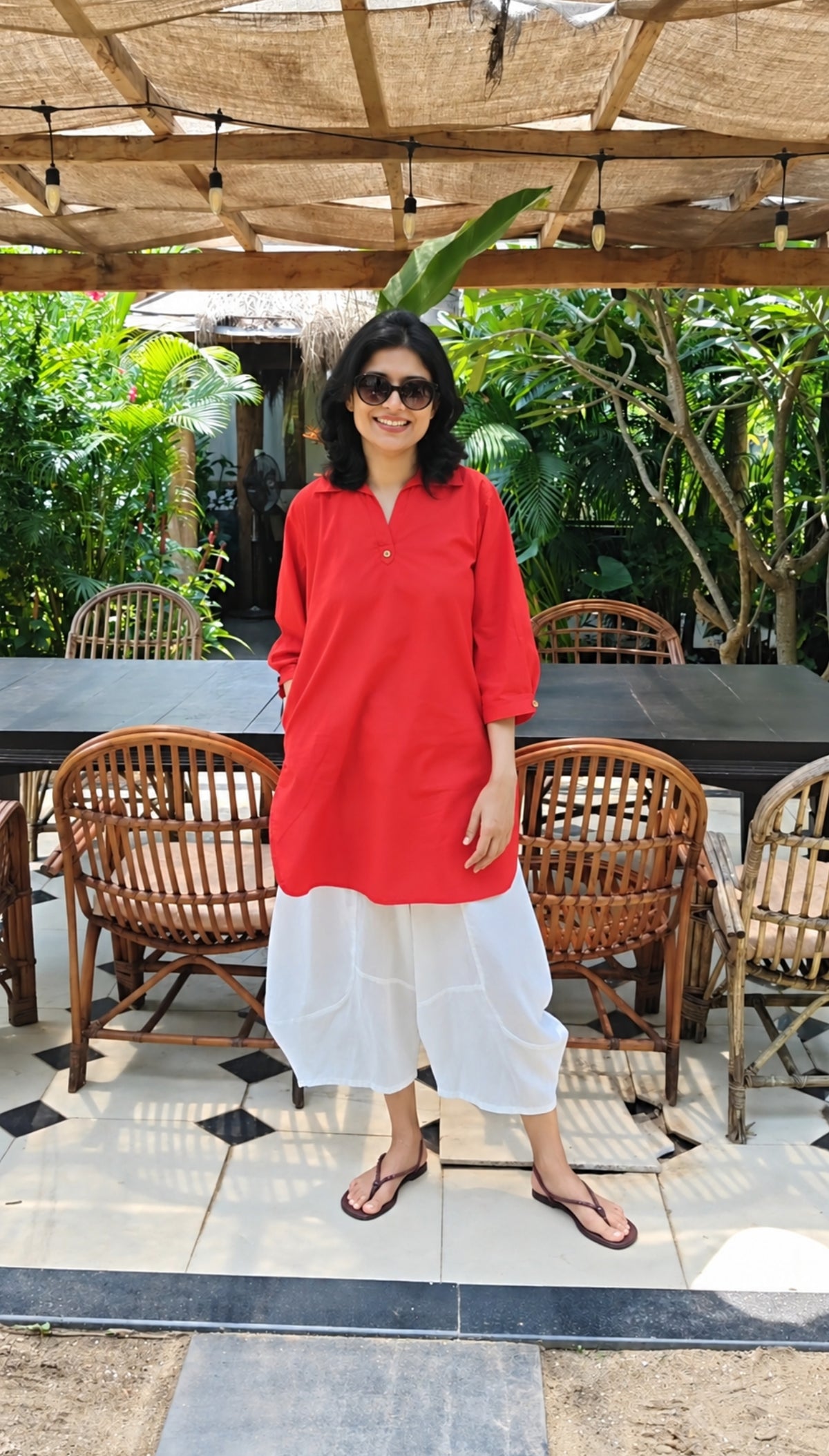 Aira Cherry Red Cotton Poplin Kurta Set with white balloon pants
