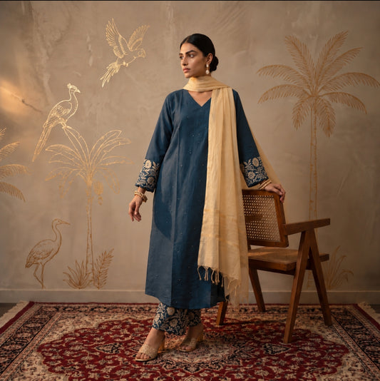Jashn Cobalt Blue Chanderi Chikankari A-Line Kurta Set with Dupatta