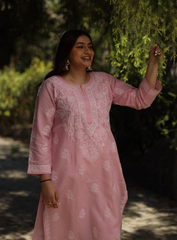 Sahiba Chikankari Light Pink Cotton Kurta with Bakhiya work
