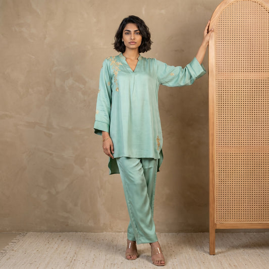 Jashn Premium Twilight Silk Chikankari Coord Set - Sage Green