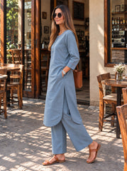 Aira Steel Blue Co-ord Set with Wine Hand Stitch