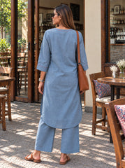 Aira Steel Blue Co-ord Set with Wine Hand Stitch