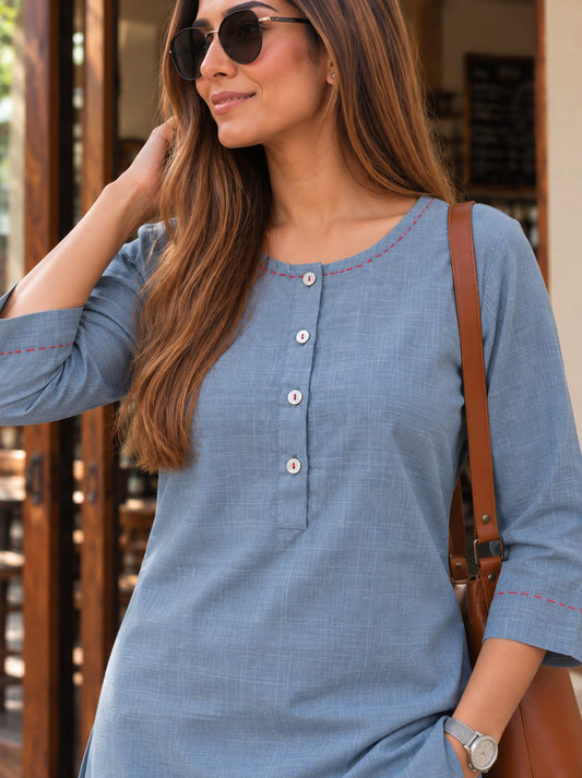 Aira Steel Blue Co-ord Set with Wine Hand Stitch