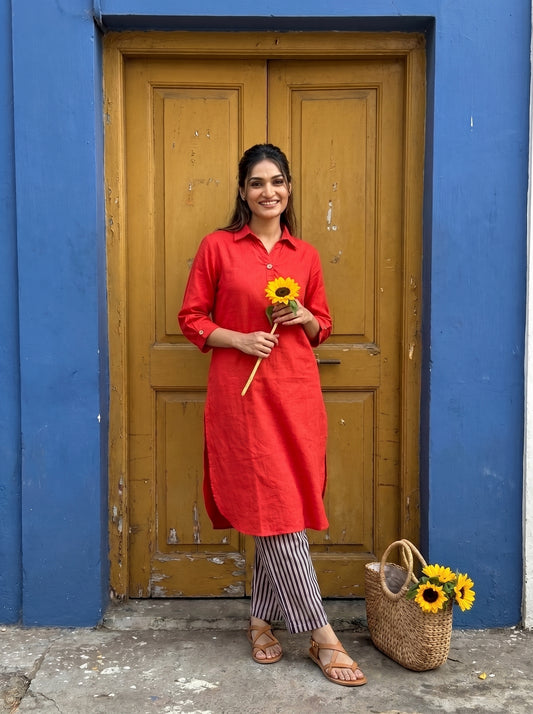 Aira Cherry Red Cotton Poplin Co-ord Set with Contrast Striped Trousers