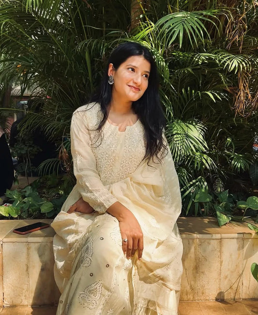 Premium MulChanderi Chikankari Kurta set with embroidered Pant and Dupatta Gharana