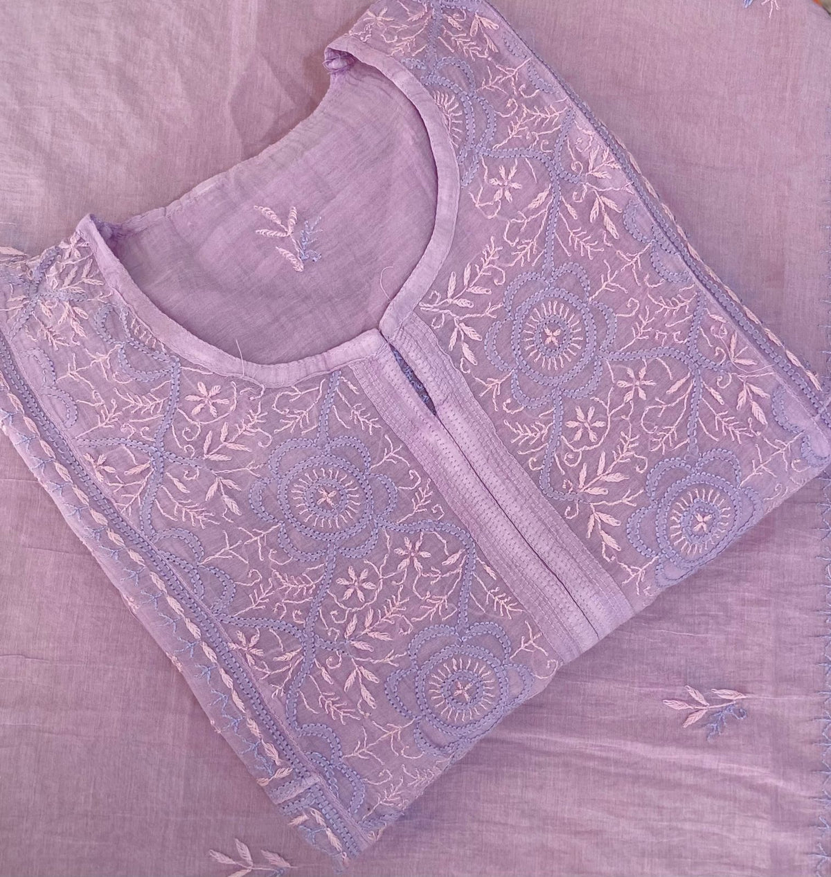 Premium Mul chanderi Chikankari Semi Stitched 2 piece Tunic and Dupatta set - Lavender Gharana