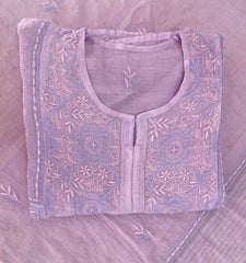 Premium Mul chanderi Chikankari Semi Stitched 2 piece Tunic and Dupatta set - Lavender Gharana