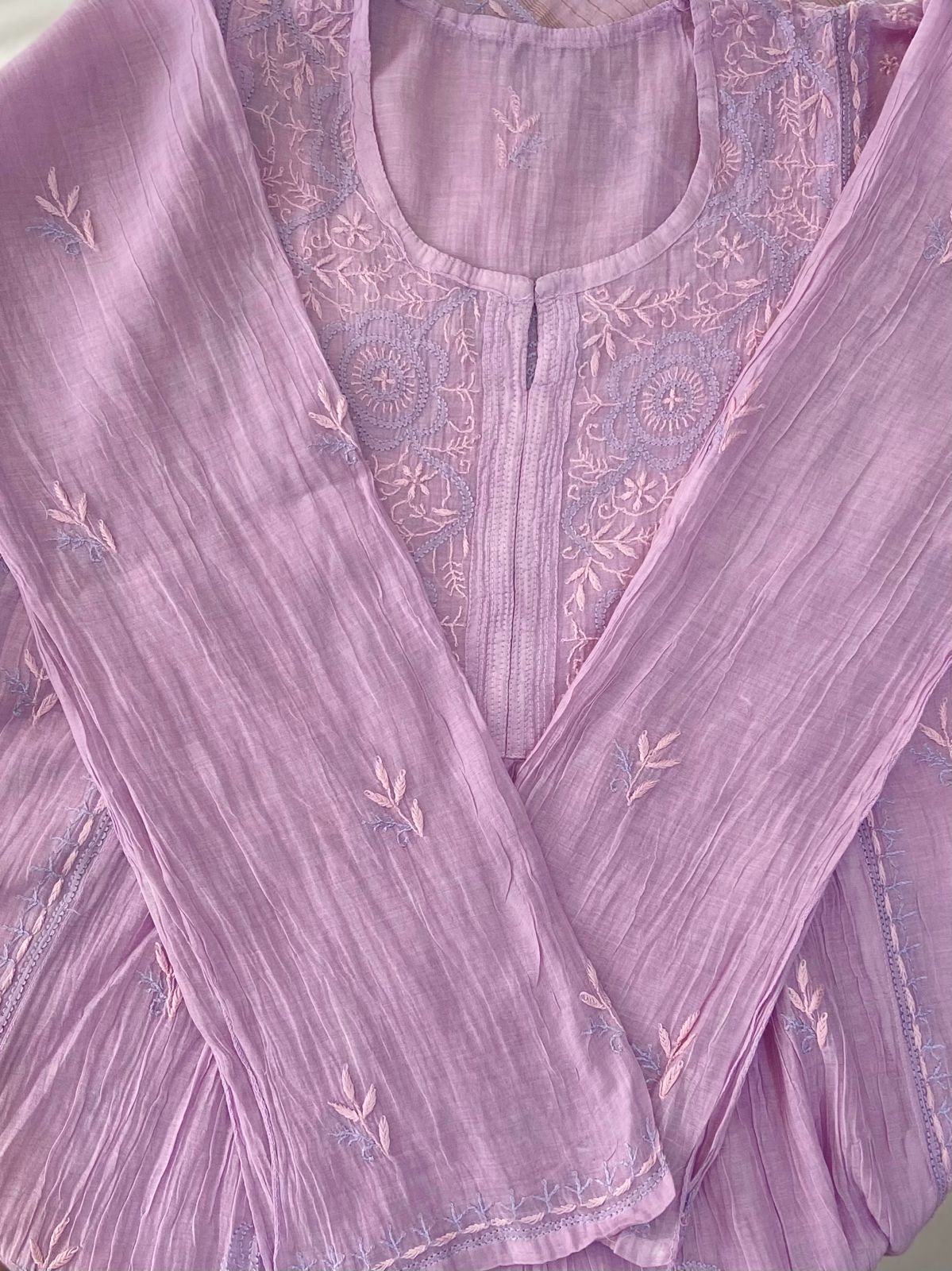 Premium Mul chanderi Chikankari Semi Stitched 2 piece Tunic and Dupatta set - Lavender Gharana