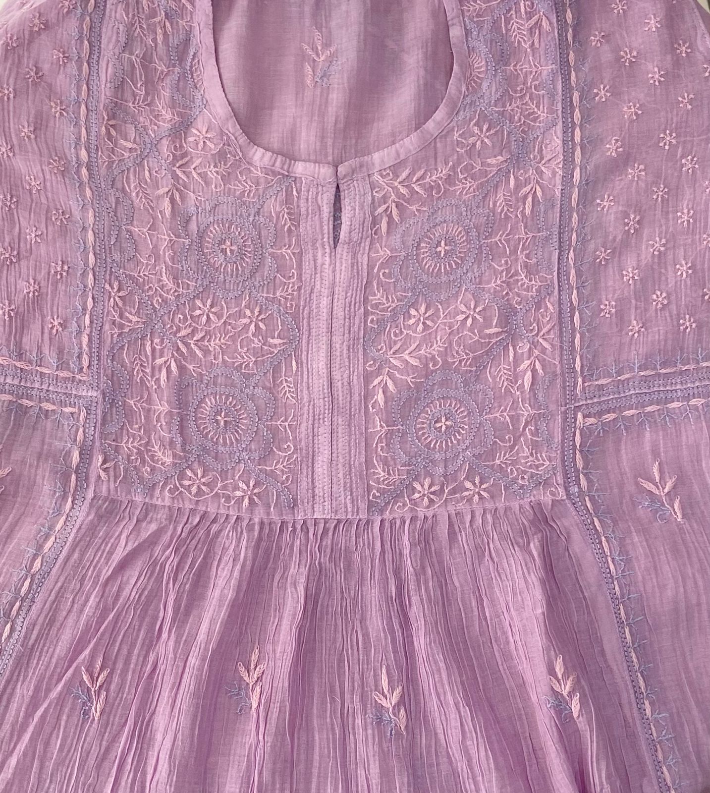 Premium Mul chanderi Chikankari Semi Stitched 2 piece Tunic and Dupatta set - Lavender Gharana