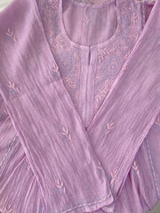 Premium Mul chanderi Chikankari Semi Stitched 2 piece Tunic and Dupatta set - Lavender Gharana