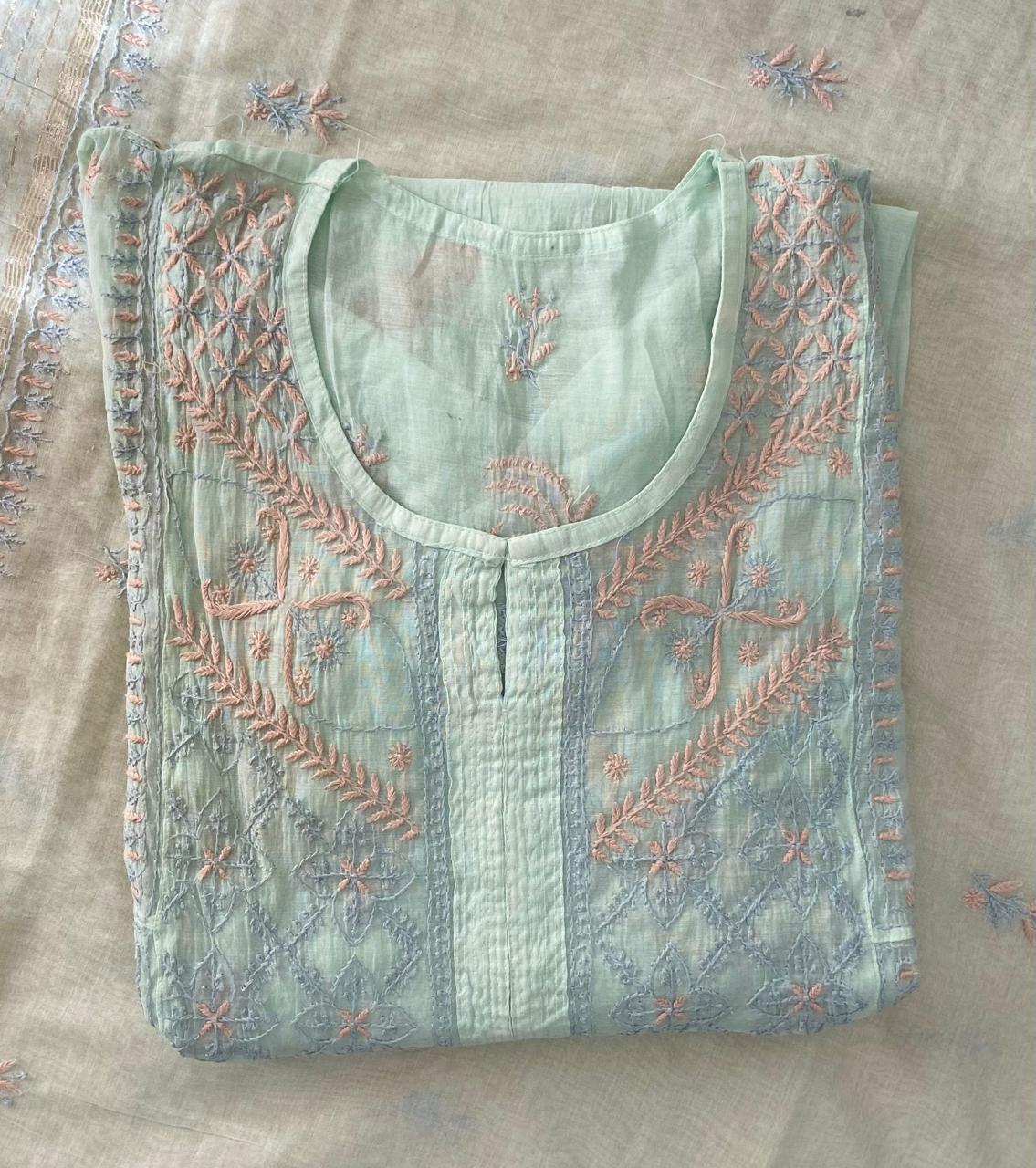 Premium Mul chanderi Chikankari Semi Stitched 2 piece Tunic and Dupatta set – Light Sage Gharana