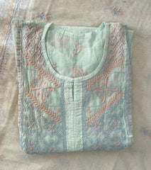 Premium Mul chanderi Chikankari Semi Stitched 2 piece Tunic and Dupatta set – Light Sage Gharana