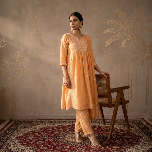 Jashn Chikankari Mustard Nyra Cut 3PC Kurta Set with Dupatta