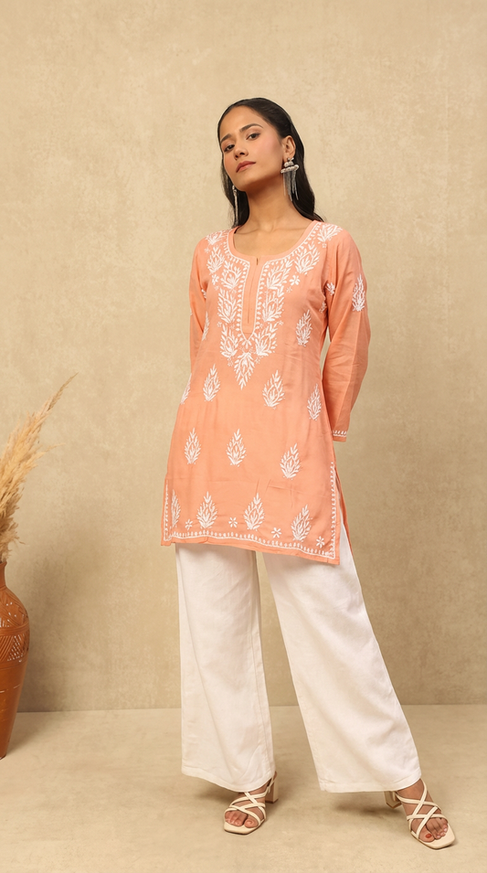 Heer Modal Blush Orange Short Chikankari Kurta Gharana