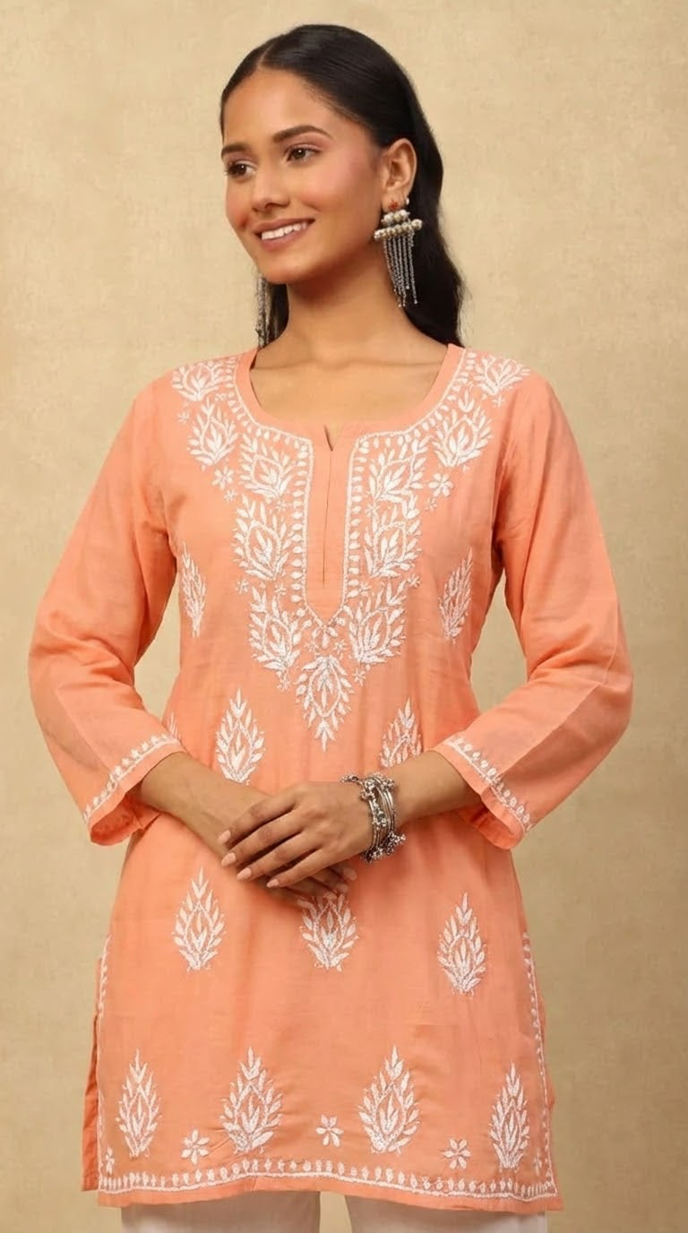 Heer Modal Blush Orange Short Chikankari Kurta Gharana
