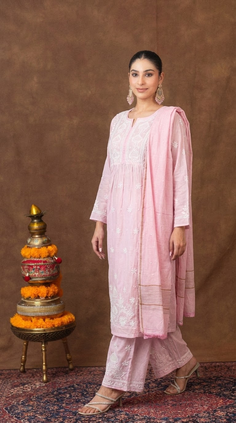 Jashn Premium Chanderi Chikankari Blush Pink A Line 3PC Kurta Set with Dupatta Gharana