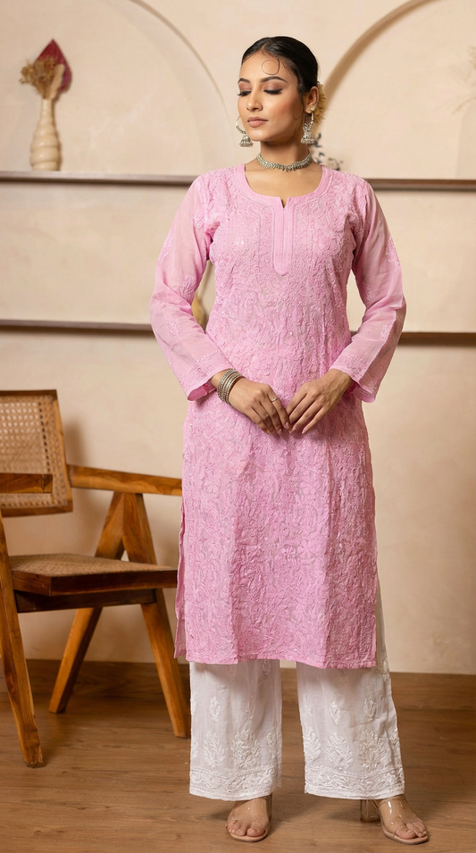 Ishq Georgette Pink Kurta with Resham Jaal work - Gharana India