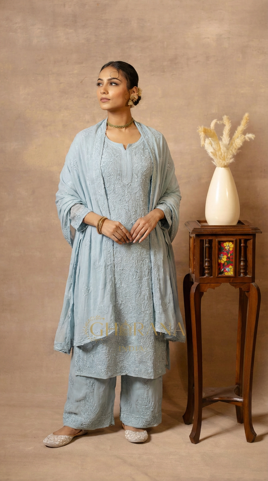 Ishq Georgette 4PC Chikankari Kurta Set in Resham Jaal work - Grey Gharana