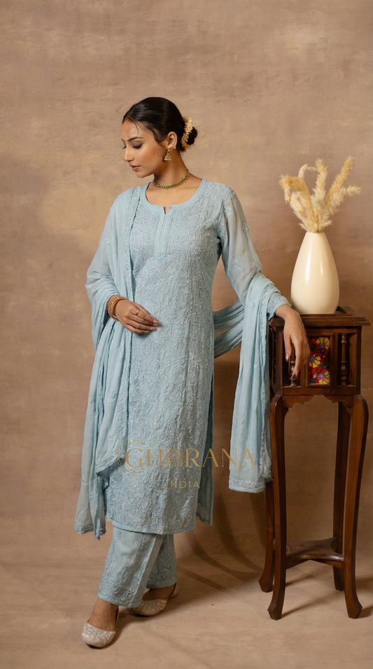 Ishq Georgette 4PC Chikankari Kurta Set in Resham Jaal work - Grey Gharana