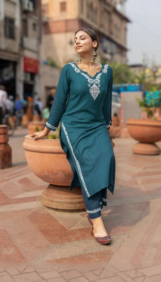 Heer Rayon 2 PC Teal chikankari kurta set Gharana