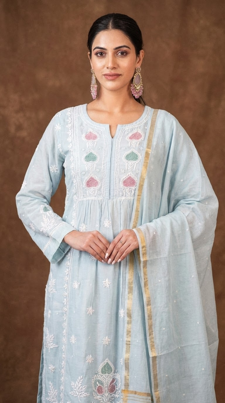 Jashn Premium Chanderi Chikankari Powder Blue A Line 3PC Kurta Set with Dupatta Gharana