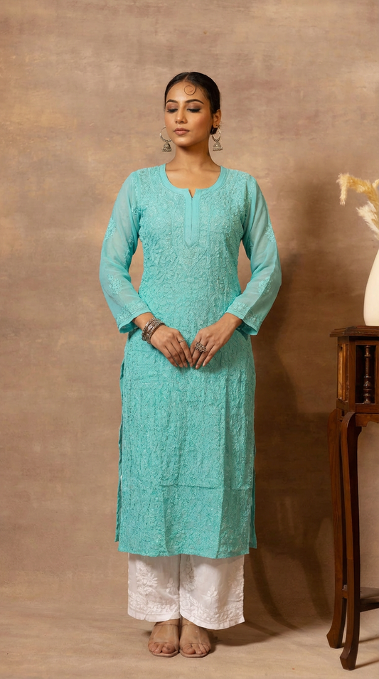 Ishq Georgette Kurta in Resham Jaal work with matching slip - Sea Green Gharana