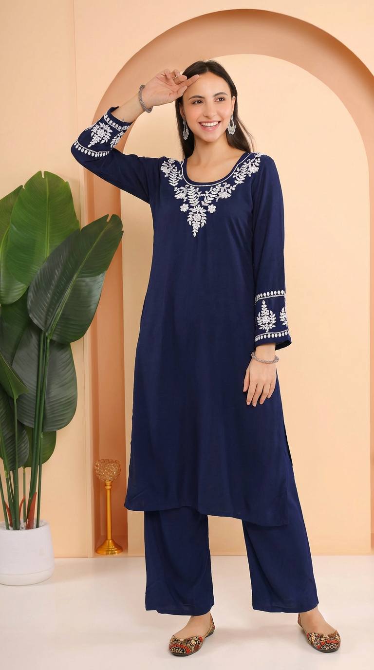 Ishq Luxury Rayon 2 PC Navy Blue Chikankari Kurta set Gharana
