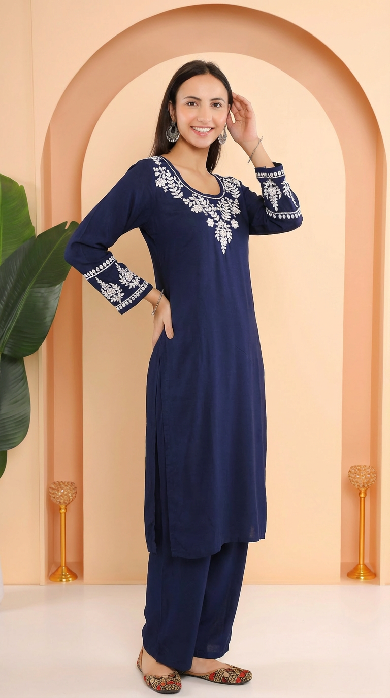Ishq Luxury Rayon 2 PC Navy Blue Chikankari Kurta set Gharana