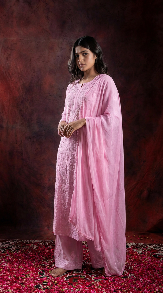Ishq Georgette 4PC Chikankari Kurta Set in Resham Jaal work - Pink