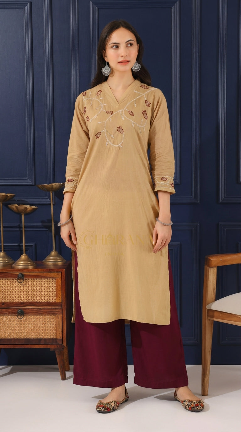 Heer Mul Cotton Beige chikankari Kurta Set Gharana