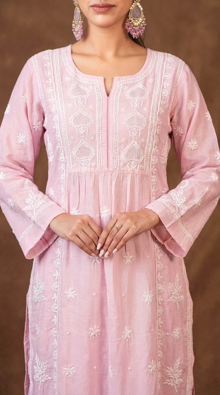 Jashn Premium Chanderi Chikankari Blush Pink A Line 3PC Kurta Set with Dupatta Gharana