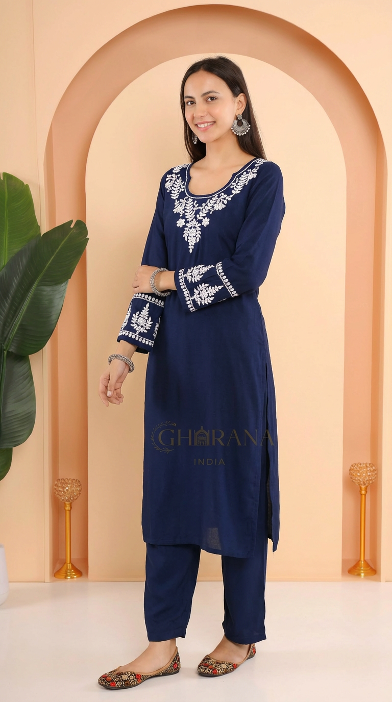 Ishq Luxury Rayon 2 PC Navy Blue Chikankari Kurta set Gharana