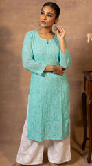 Ishq Georgette Kurta in Resham Jaal work with matching slip - Sea Green Gharana