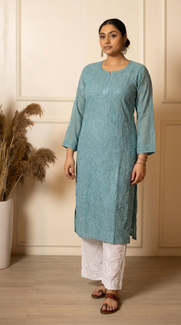Ishq Georgette Kurta in Resham Jaal work with matching slip - Grey Gharana