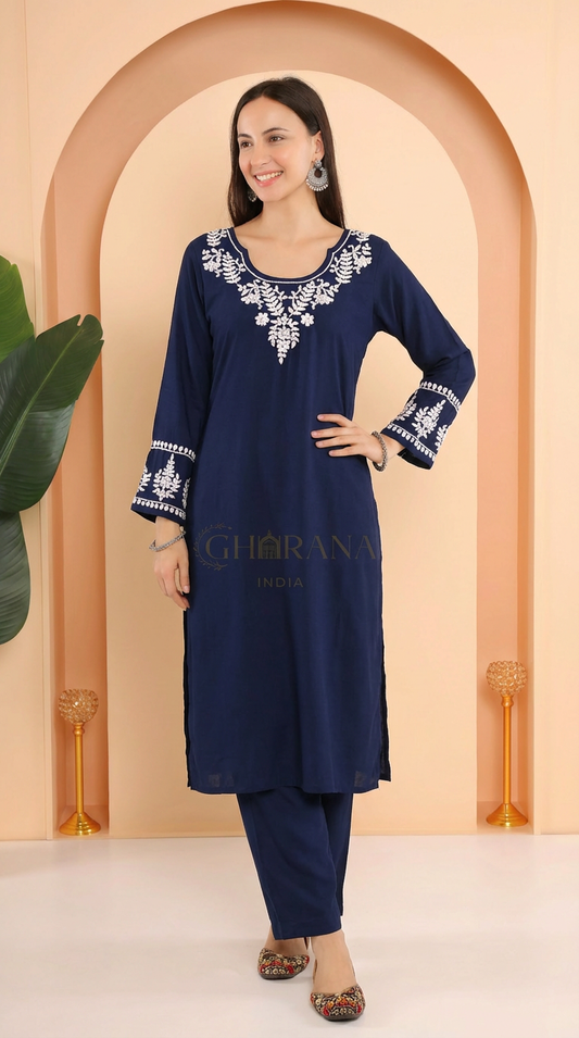 Ishq Luxury Rayon 2 PC Navy Blue Chikankari Kurta set Gharana
