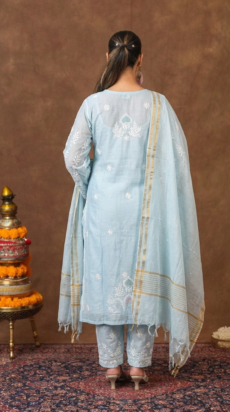 Jashn Premium Chanderi Chikankari Powder Blue A Line 3PC Kurta Set with Dupatta Gharana