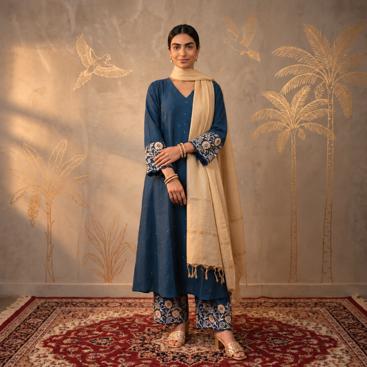 Jashn Cobalt Blue Chanderi Chikankari A-Line Kurta Set with Dupatta