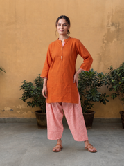 Aira Sunset Orange Cotton Slub Kurta Set with Playful checked Salwar