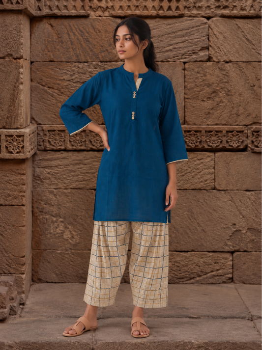 Aira Cobalt Blue Cotton Slub Kurta Set with Gold Checked Salwar
