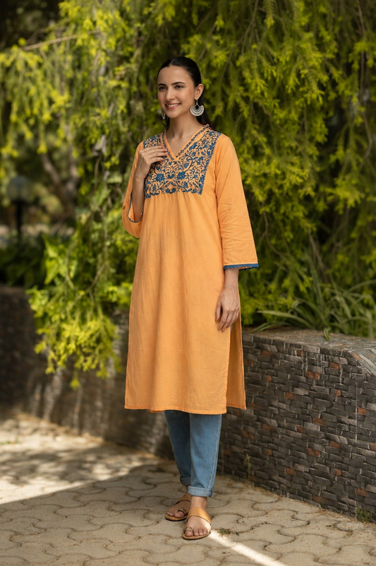 Ishq Mul Cotton Blush Orange fine chikankari Kurta in blue thread