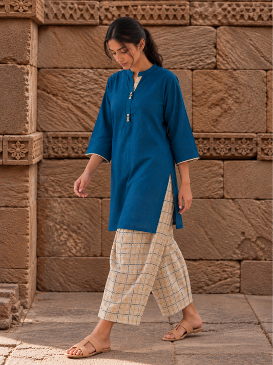 Aira Cobalt Blue Cotton Slub Kurta Set with Gold Checked Salwar