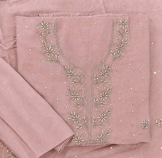 Premium Mulchanderi 3 PC Unstitched Tunic, Dupatta & Bottom in Kamdani work- Baby pink