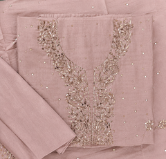Premium Mulchanderi 3 PC Unstitched Tunic, Dupatta & Bottom in Kamdani work- Baby pink