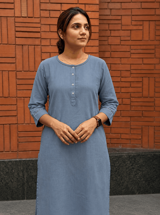 Aira Steel Blue Co-ord Set with Wine Hand Stitch